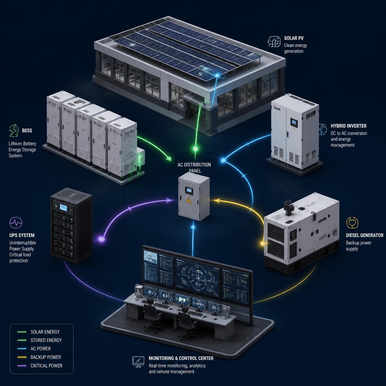 Ecosistema energético integrado: solar, BESS, UPS, inversor híbrido, planta eléctrica y centro de monitoreo